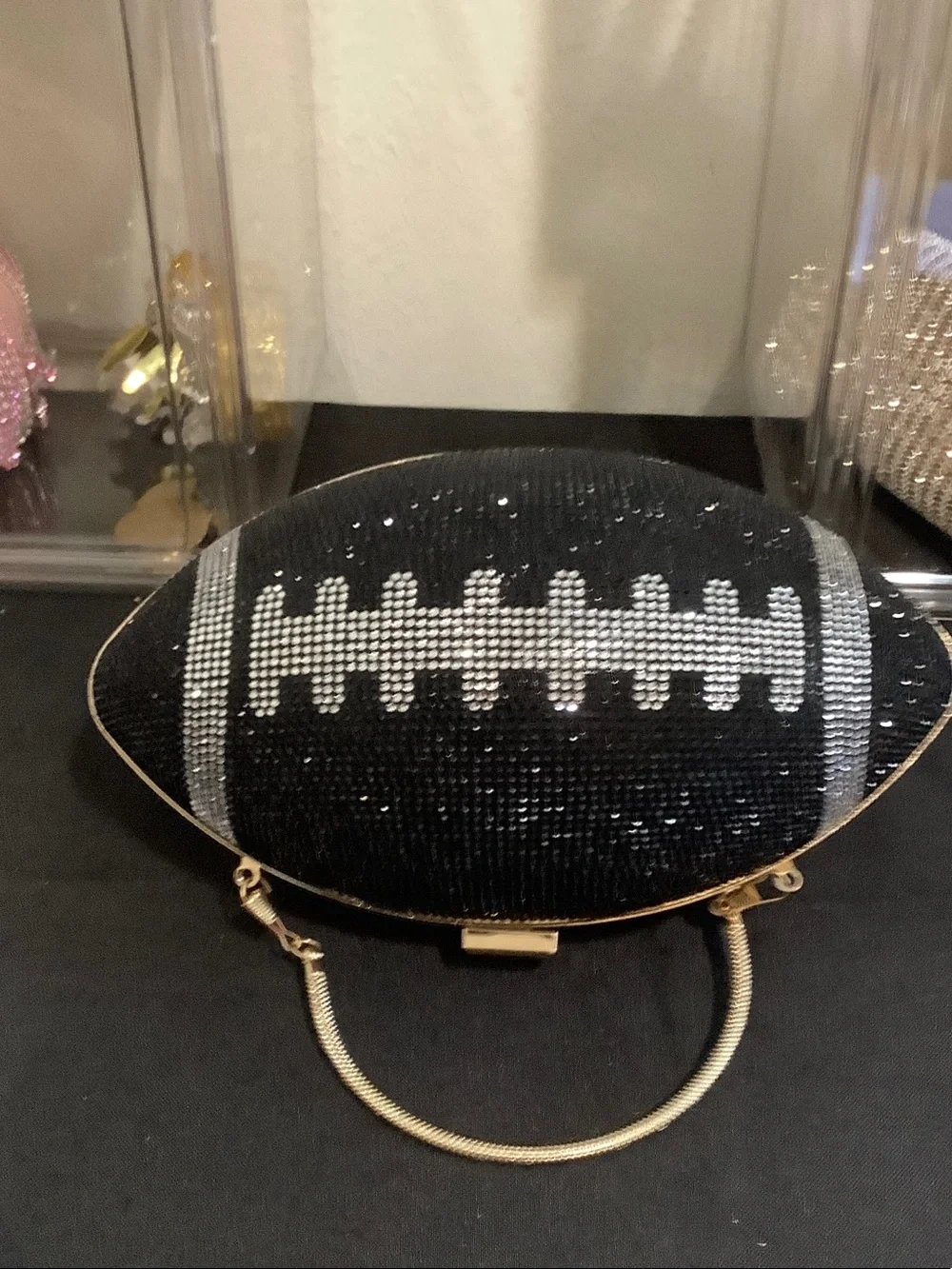 Black Crystal Football Clutch Bag with silver and gold handle